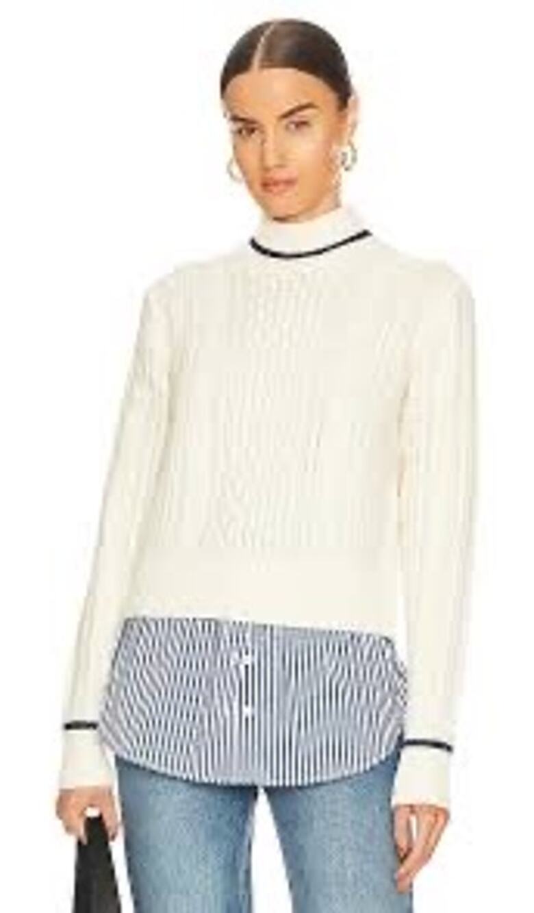 Veronica Beard Fritz Cable Knit Sweater Attached Striped Shirt Detail XL Preppy